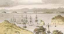 watercolour: LeBreton, d'Urville's ship, whaling ships at Russell, Bay of Islands